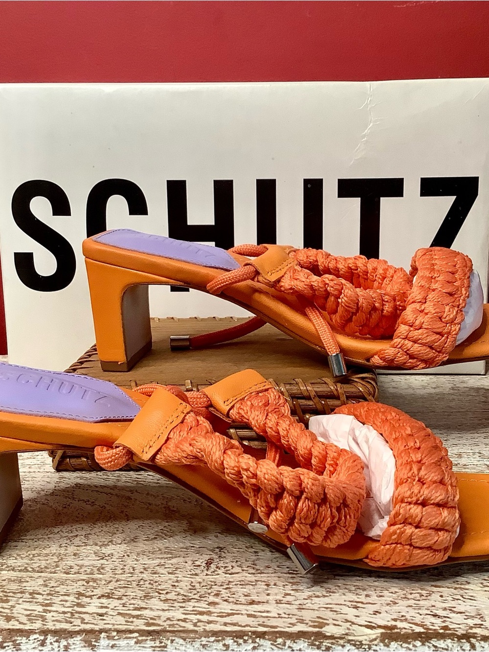 SCHUTZ NIB Blair Orange Leather Braided Strap Ankle Tie 2 1/2” Thin Block Heel - Picture 11 of 15